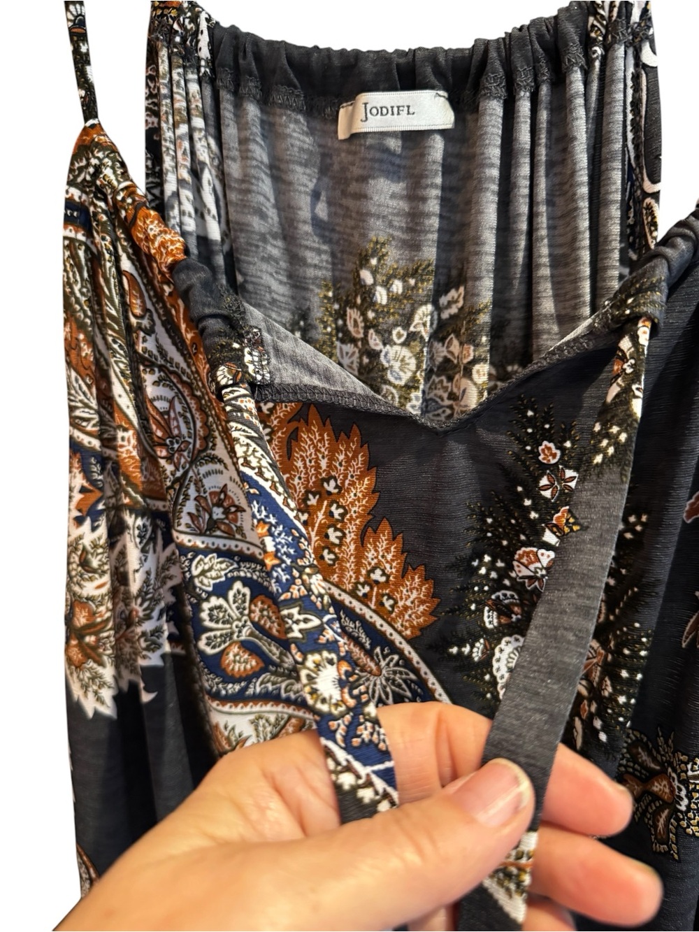 Casual Boho Style Paisley Halter Maxi in Charcoal, Rust and Cream. Size L - Picture 6 of 8